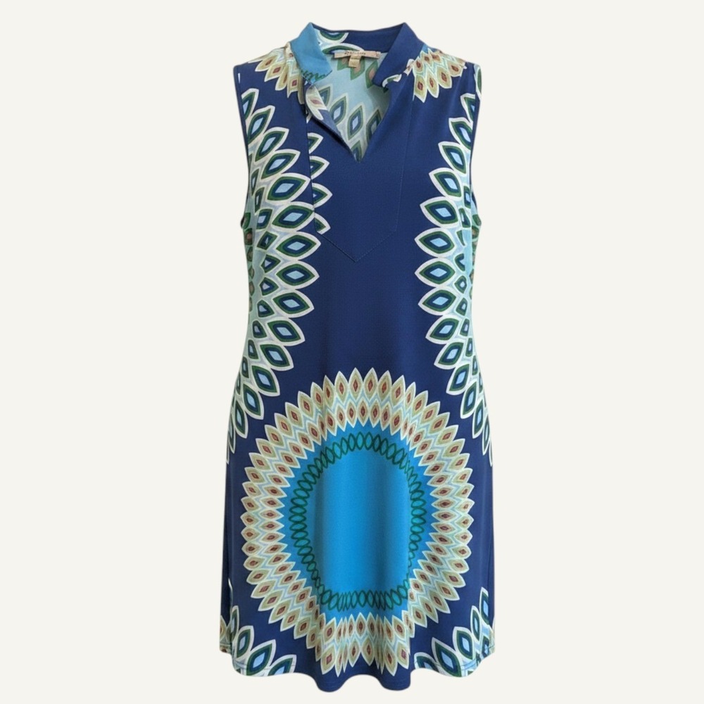 LARGE Travel Dress Mediterranean Medallion Shift Blue Green Split Neck Women